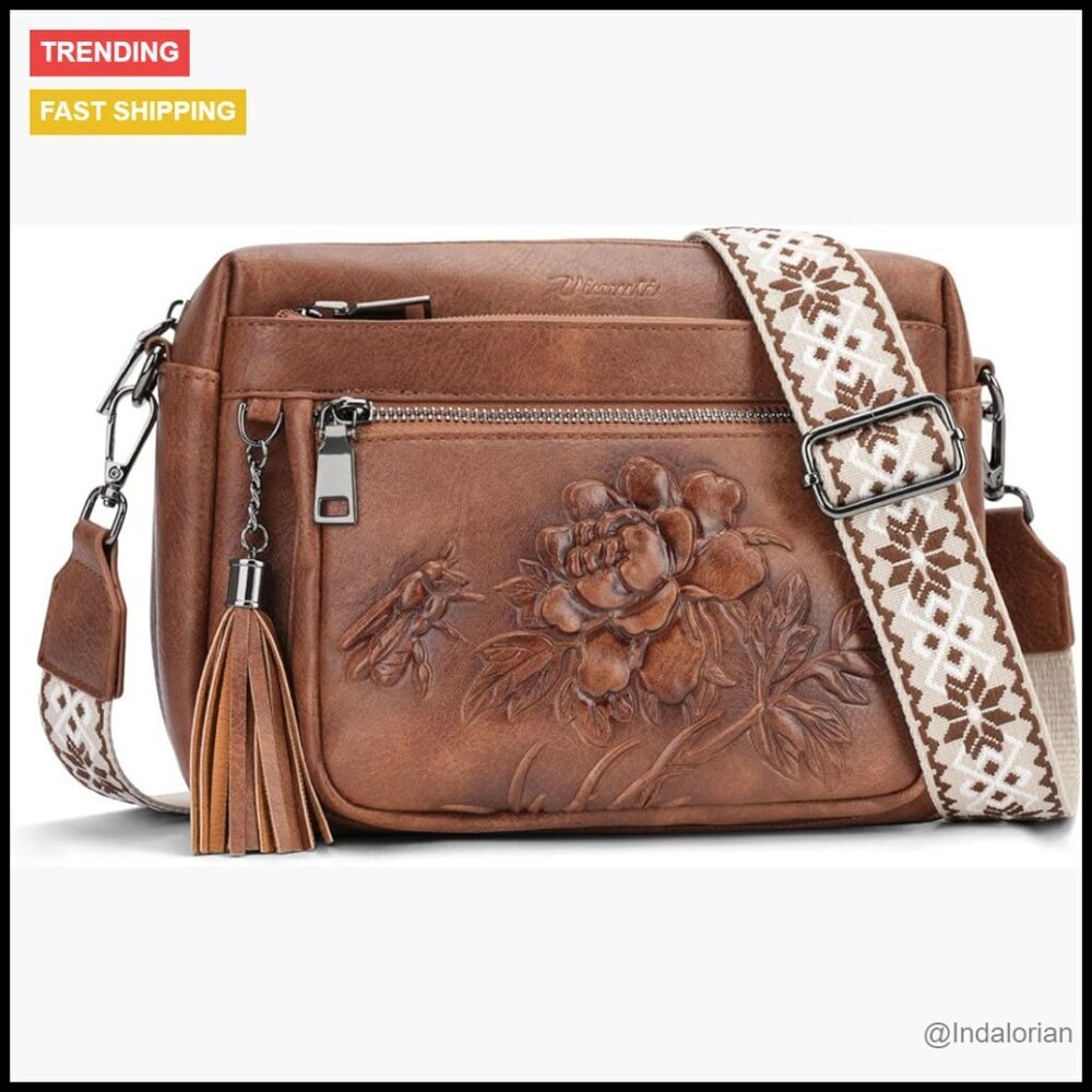 Vegan Leather Crossbody Bag Embossed Design Adjustable Strap Chic Travel Purse